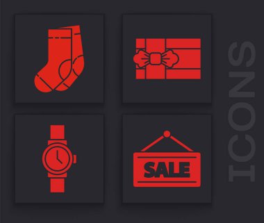 Satış, Çorap, Hediye Kutusu ve Bilek Saat ikonu ile Asılma Tabelasını hazırla. Vektör.