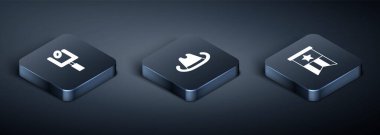 Isometric Amerikan futbolu kale direği, bayrak ve kovboy şapkası ikonu kur. Vektör