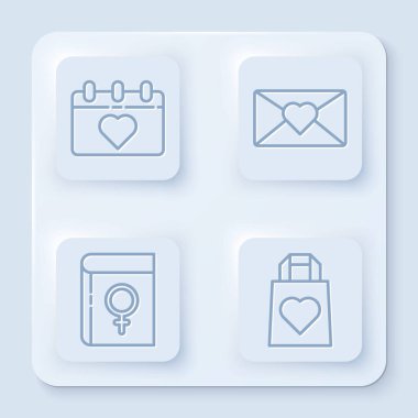 Takvimi 8 Mart 'a ayarla, Zarfı 8 Mart' a hazırla kadınlar hakkında kitap ve kalbi olan alışveriş torbası. Beyaz kare düğme. Vektör.