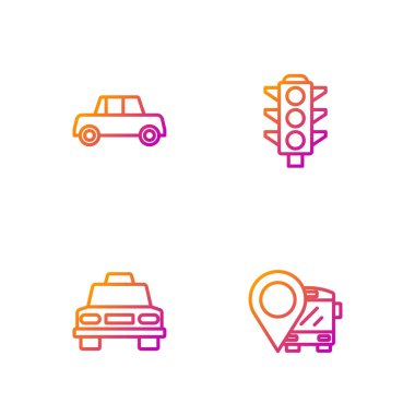 Hattı otobüs, taksi arabası, araba ve trafik ışığı ile belirleyin. Renk simgeleri. Vektör