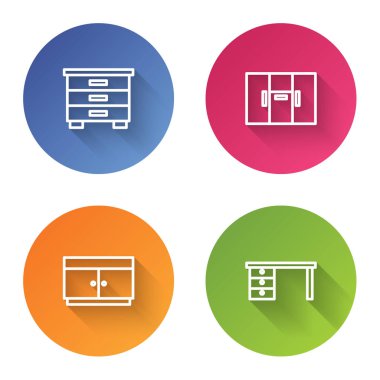 Mobilya sehpası, gardırop, çekmeceler ve ofis masası. Renkli daire düğmesi. Vektör