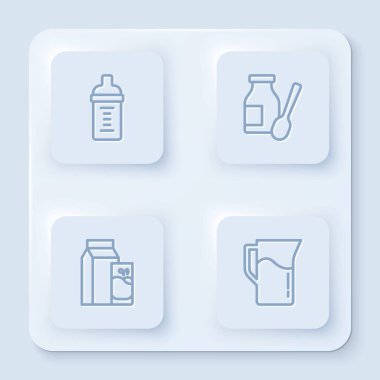 Bebek sütünü şişeye koy yoğurt iç kefir ve süt sürahisi için kağıt paketi. Beyaz kare düğme. Vektör