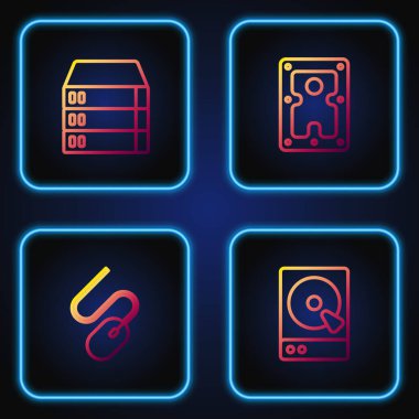 HDD, Bilgisayar faresi, Sunucu, Data, Web Sunucusu ve HDD satırını ayarla. Renk simgeleri. Vektör