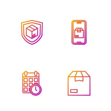 Karton karton kutu, takvimli mukavva, teslimat güvenlik kalkanı ve mobil uygulama teslimat takibi. Renk simgeleri. Vektör