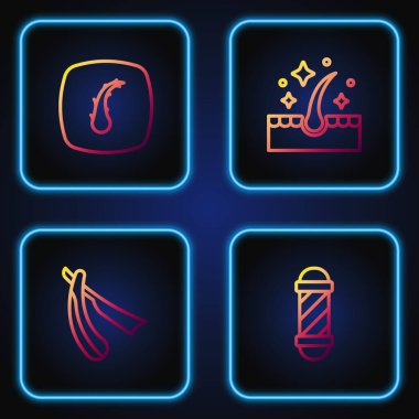 Klasik berber dükkânı direği, ustura, insan saç kökü ve bakım için yağ. Renk simgeleri. Vektör