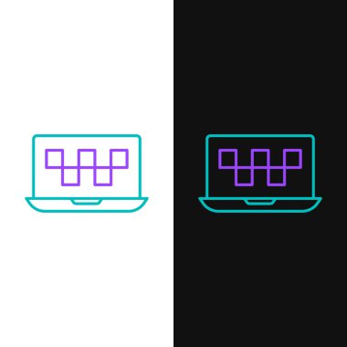 Laptop çağrı taksi servisi simgesi beyaz ve siyah arkaplanda izole edildi. Renkli taslak konsepti. Vektör