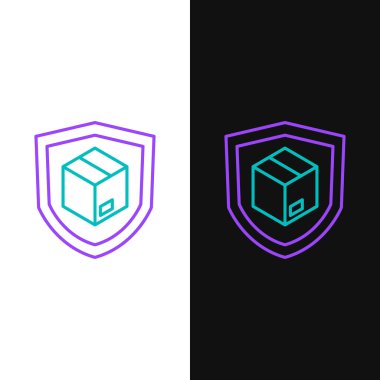 Beyaz ve siyah arkaplanda izole edilmiş kalkan ikonu ile hat teslimat güvenliği. Teslimat sigortası. Kalkanın ötesinde sigorta kutuları var. Renkli taslak konsepti. Vektör