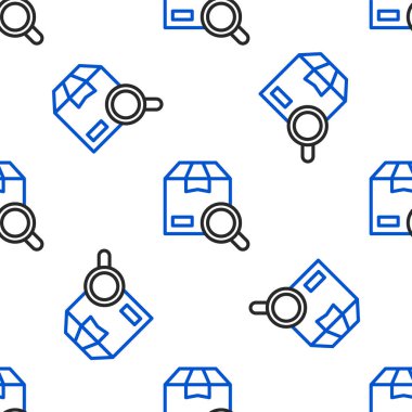 Satır Arama paket simgesi beyaz arkaplanda izole edilmiş kusursuz desen. Paket izleme sembolü. Büyüteç ve karton kutu. Lojistik ve teslimat. Renkli taslak konsepti. Vektör