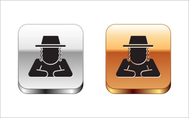 Black Orthodox jewish hat with sidelocks icon isolated on white background. Jewish men in the traditional clothing. Judaism symbols. Silver-gold square button. Vector.