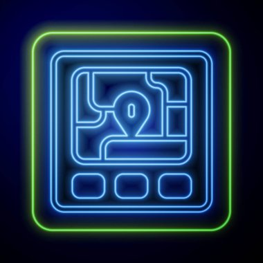 Mavi arkaplanda harita simgesi izole edilmiş parlayan neon GPS cihazı. Vektör.