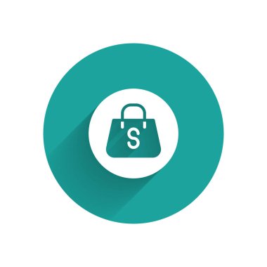 Üzerinde uzun gölgeli bir yazı olan beyaz alışveriş torbası. El çantası işareti. Kadın çanta ikonu. Kadın el çantası işareti. Yeşil daire düğmesi. Vektör