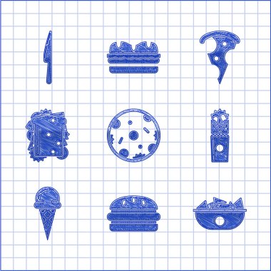 Pizza, Burger, Nachos, Doner Kebap, Doner Waffle külahı, Sandviç, Pizza ve Bıçak ikonu. Vektör