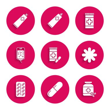 İlaç şişesi, hap ya da tablet, Cross hastanesi sağlık ekibi, hap, serum torbası ve merhem kremi ikonu hazırlayın. Vektör