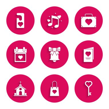 Zili çal, kalbi olan alışveriş çantası, anahtar şekli, sevgililer günü partisi broşürü, kilise binası, takvim, seyahat çantası ve lütfen ikonu rahatsız etme. Vektör