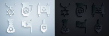 İsrail Bayrağı Tevrat 'ın Yahudi para çantasını yıldız David Hanukkah dreidel Decanter ve Star David kolye ikonu ile birlikte hazırla. Vektör.