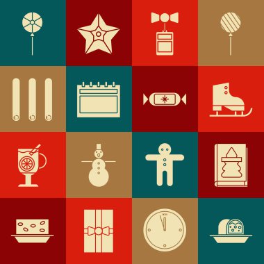 Marzipan sünger keki, Noel kitabı, figür patenler, yazıtlı fiyat etiketi, takvim, üç rulo tarçın çubuğu, lolipop ve şeker ikonu. Vektör
