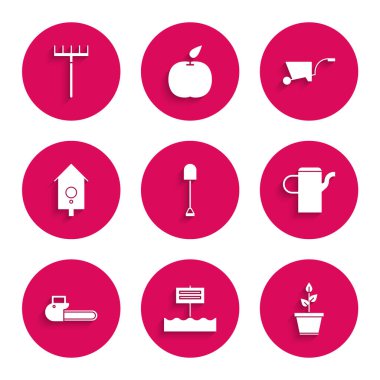 Kürek, boş tahta tabela, saksıda bitki, su kovası, testere, duvar nöbeti, el arabası ve bahçe tırmığı ikonu. Vektör