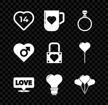 Set Heart, kahve fincanı ve kalp, elmas nişan yüzüğü, metin sevgisi, şekil ampulü, balon formu, erkek cinsiyeti ve kilit simgesi olan konuşma balonu. Vektör