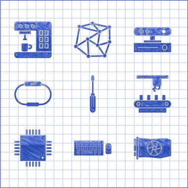 Tornavida, klavye ve fare, video grafik kartı, fabrika taşıma sistemi kayışı, işlemci, mikro devreli işlemci, Smartwatch, hareket sensörü ve kahve makinesi simgesi. Vektör