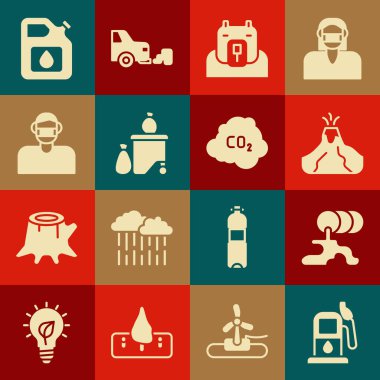 Petrol ya da benzin istasyonu, varil yağı sızıntısı, lav volkan patlaması, kutup ayısı başı, tam çöp kutusu, yüz koruyucu maske, benzin tüpü ve CO2 emisyon bulutu ikonu. Vektör