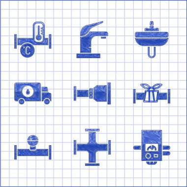 Boru adaptörünü, endüstriyel metalik boruyu, gaz kazanını ve manometreyi, boru tamircisini, lavaboyu ve ikonu ayarla. Vektör