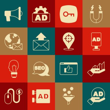 Reklamcılığı, turta grafiğini, anahtar, posta ve e-postayı, dünya küresi ile birlikte, Megaphone ve Hedef simgesini ayarla. Vektör