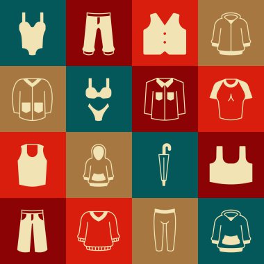 Kapüşon, atlet, tişört, yelek, mayo, kazak ve tişört ikonu. Vektör