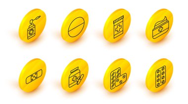 Su toplayan haplar, ilaç şişesi ve haplar, bandaj bandı, merhem kremi tüpü ilacı ya da hortum spreyi ikonlu tablet ve sağlık malzemesi. Vektör