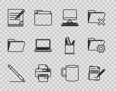 Satır satırını, silgi, bilgisayar monitörü klavyesi, yazıcı, dizüstü bilgisayar, kahve fincanı düzlüğü ve dizin ayarları ikonu içeren boş defter ve kalemi ayarla. Vektör