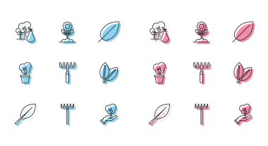 Sabit çizgi Yaprak, Bahçe Tırmığı, Armutlu Ağaç, Çevre Koruma, Yaprak, Saksı ve Çiçek ikonu. Vektör