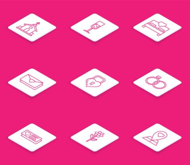 Kilise binası, şampanya kadehi, yatak odası, sevgililer günü kalbi olan zarf, şekil Castle alyans, bilet ve çiçek ikonu. Vektör