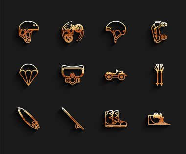 Sörf tahtası, miğfer, bot, bisiklet, sokak rampası, dalış maskesi, kayak direkleri ve tüm arazi araçları ya da ATV motosiklet ikonu. Vektör