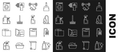 Sıvı bulaşık deterjanı için plastik şişeleri, su damlası akan duş başlığını, elektrik süpürgesini, lastik eldivenleri, paspası, deterjan ve temizlik deterjanı ikonunu yerleştir. Vektör