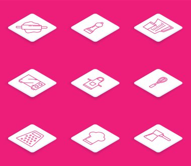 Çizgi roket iğnesi, biber, ölçü kabı, mikrodalga fırın, mutfak önlüğü, çırpı çırpı, rende ve aşçı şapkası ikonu. Vektör