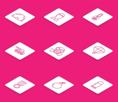 Askeri miğfer, havacılık bombası, künye, tank, gaz maskesi, paraşüt, ödül madalyası ve bomba patlamaya hazır. Vektör