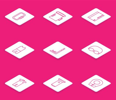 Hat çizgisi Carabiner, dalgıç için büyük el feneri, su altı not defteri ve kalem, dalış tulumu dalışı, Şnorkel, gözlük kapağı yüzme ve el feneri ikonu. Vektör