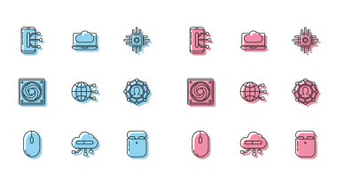 Bilgisayar faresi, akıllı telefon, cep telefonu, hava kulaklık kutusu, küresel teknoloji ya da sosyal ağ, Proje ekibi üssü, daha havalı ve bulut veri aktarımı ve depolama simgesi ayarla. Vektör