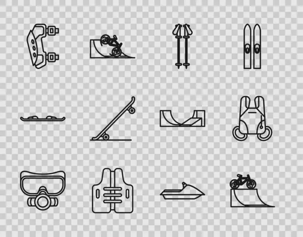 Set line Diving mask, Bicycle on street ramp, Ski poles, Life jacket, Knee pads, Skateboard, Jet ski and Parachute icon. Vector