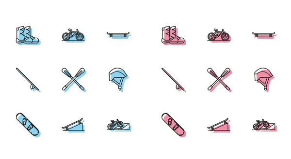 Set line Snowboard, Skateboard on street ramp, Boots, Bicycle, Crossed paddle, helmet, Surfboard and  icon. Vector