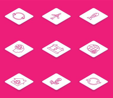 Elektrik prizi, rüzgar türbini, balık iskeleti, geri dönüşümlü insan kafası, araba aküsü, toprak ve geri dönüşüm sistemi, Eco House sembolü ve ampul yaprağı ikonu. Vektör