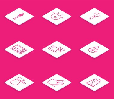 Bal kabuğu, mutfak önlüğü, pizza bıçağı, mikrodalga fırın, kıyma makinesi, süzgeç, kahve süzgeci ve bıçak ikonu. Vektör