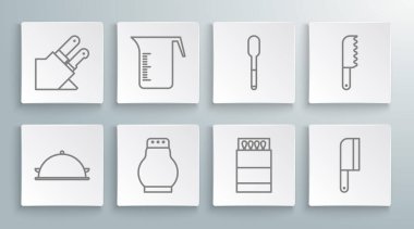 Bir tepsi yiyecek, ölçü kabı, tuz ve biber, kibrit kutusu kibriti, et helikopteri, kaşık, ekmek bıçağı ve bıçak ikonu ile kaplanmış halatı kur. Vektör