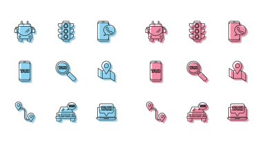 Hat güzergahını, taksi, Trolleybus, Laptop çağrı taksi servisi, büyüteç ve işaretli, telefon ve trafik ışığı simgesiyle katlanmış harita ayarla. Vektör