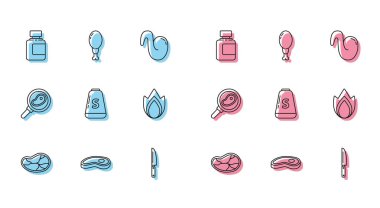 Biftek, sos şişesi, bıçak, tuz, ateş alevi, kızartma tavası ve tavuk budu ikonu. Vektör