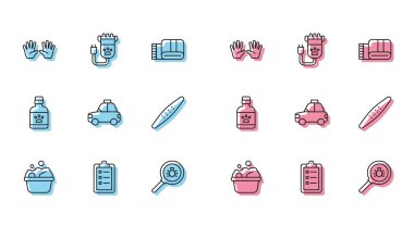 Evcil hayvan banyosu, kuaför salonu fiyat listesi, tıbbi lastik eldivenler, pire araması, araba taksisi, tırnak törpüsü, köpek ilacı şişesi ve saç kırpma makinesi ikonu. Vektör