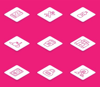 Kalp atış hızı olan hat hareketli, doping şırıngası yok, bir şişe su, meyve suyu, kahve fincanı, spor salonu binası, medikal pano ve Kettlebell ikonu. Vektör