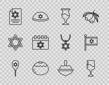 Balon 'u David, Yahudi kadehi, tatlı fırın, Tevrat tomarı, takvim, Hanuka dreidel ve bayrak İsrail ikonu ile ayarla. Vektör