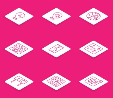 Çapa, arama yeri, büyüteç küresi, monitör işareti, pusula mobil, Büyük Ayı takımyıldızı, yol trafik işareti ve GPS aygıtı haritası simgesine sahip çizgi konumunu ayarlayın. Vektör