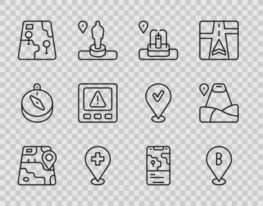 Hat şehir haritası navigasyon, konum, çeşme, tıbbi konum haçı, GPS cihazı hatası ve dağ simgesi ile ayarlayın. Vektör