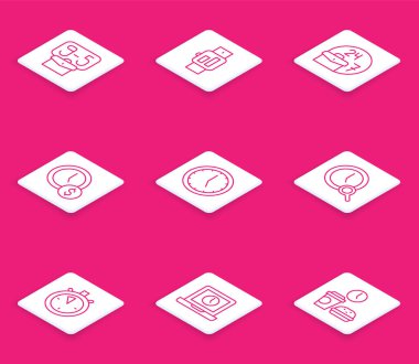 Satır 9 'dan Smartwatch' a, her zaman meşgul, zaman para, saat, büyüteç, saat, Kronometre ve dizüstü bilgisayar zaman simgesi. Vektör